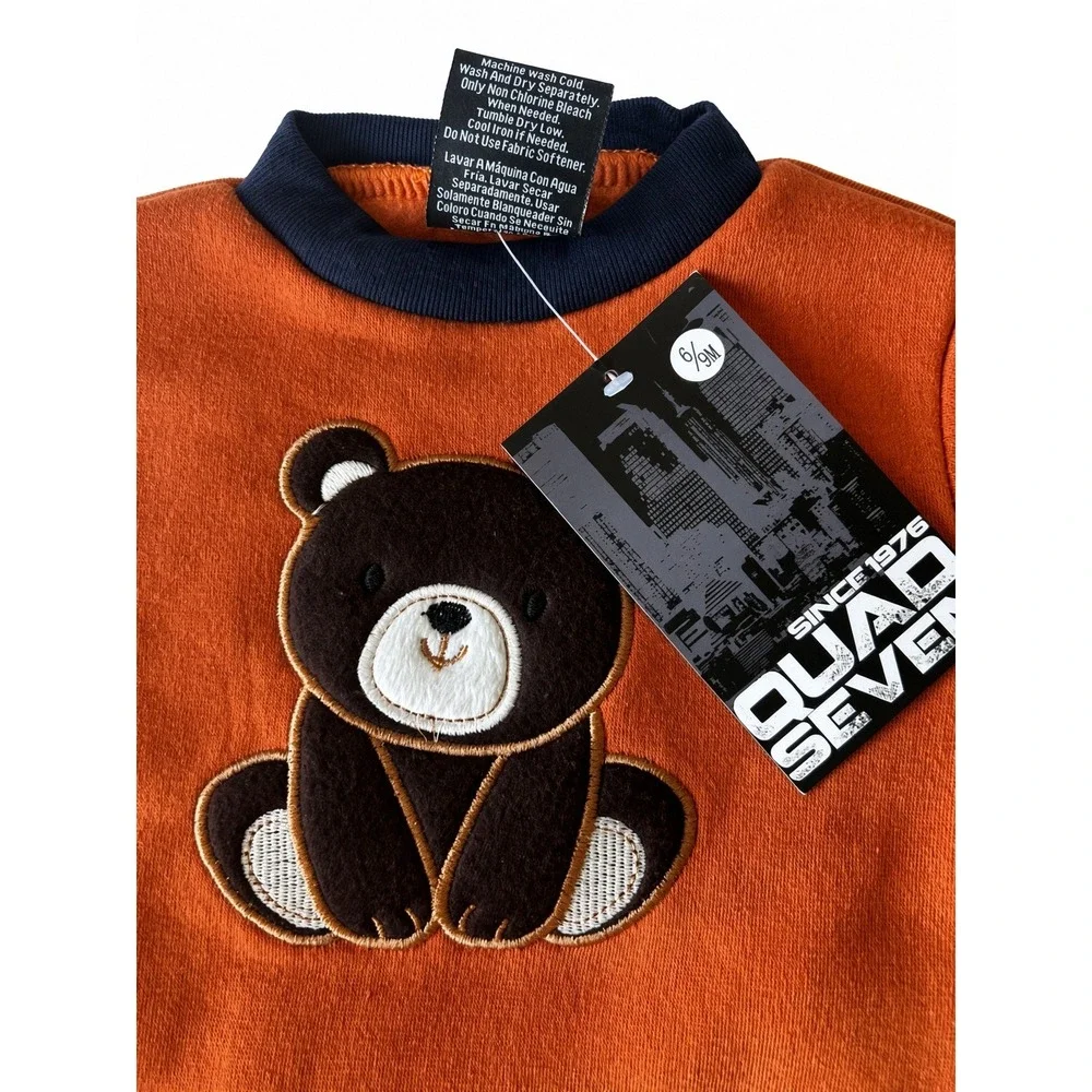 Quad Seven Baby Boys Bear Fleece Sweatshirt and Joggers Set Orange Navy 6/9M